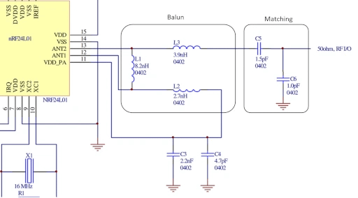 circuit schematic including RF blocks for matching an antenna